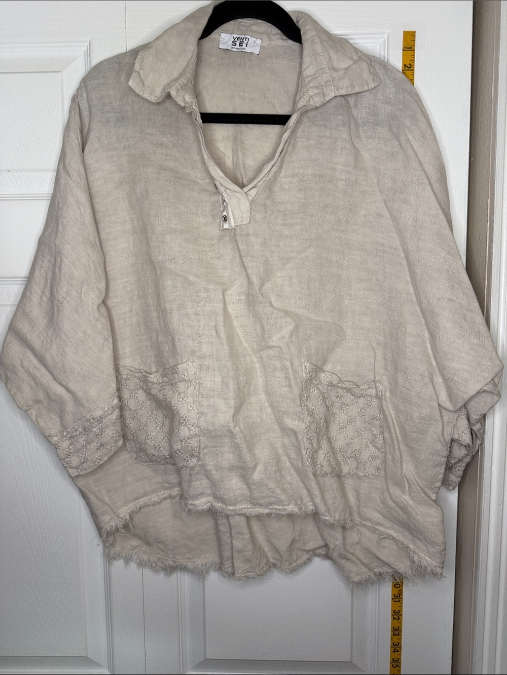 Light Beige Linen Tunic Top with Embroidered Pockets